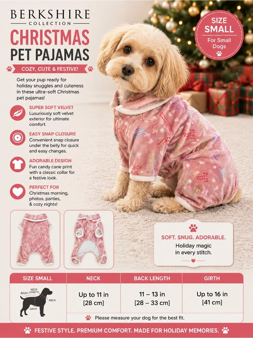 Pink Christmas Candy Cane Pet Pajamas for Dogs